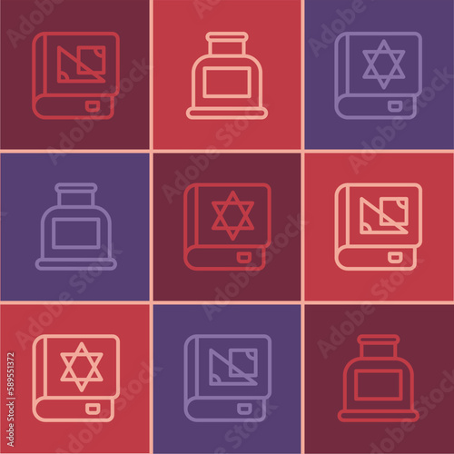Set line Book about geometry, Jewish torah book and Inkwell icon. Vector
