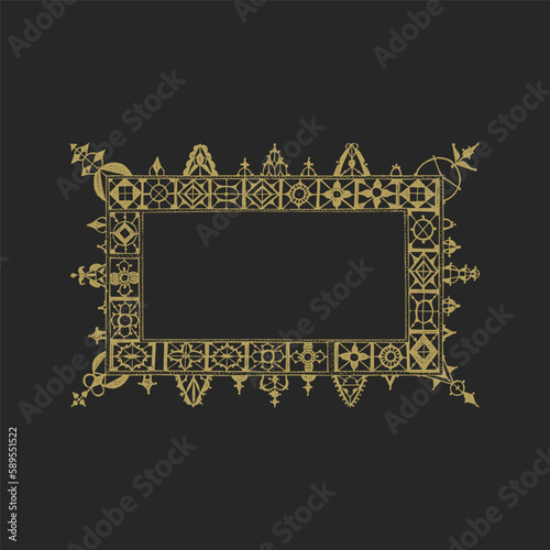 The gold frame is on a black background with the words old on the bottom.