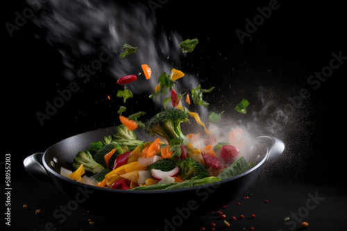A wok cooking fresh stir fry vegetables. Generative ai