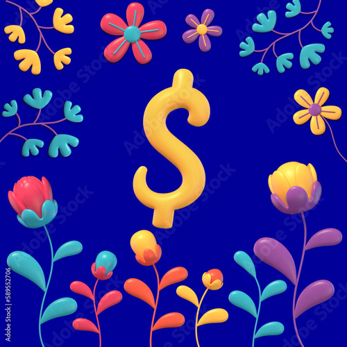 set of yellow 3d numbers an symbols on multicolored background with flowers and plants, 3d rendering, dollar