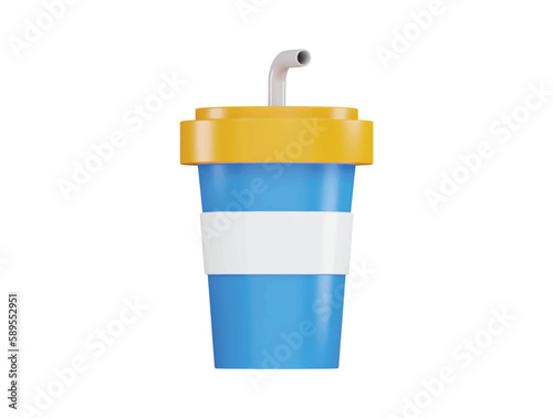 Paper plastic beverage cup with tube for soda juice coffee tea fast food icon 3d rendering 
