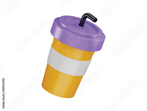 Paper plastic beverage cup with tube for soda juice coffee tea fast food icon 3d rendering 