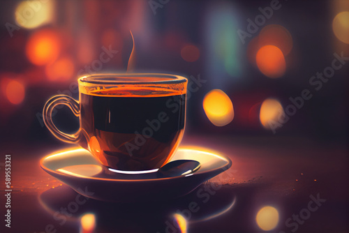 A cup of hot coffee on a blurred background with highlights. AI generated.