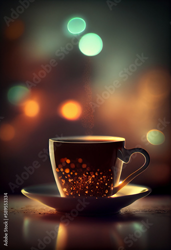 Wallpaper Mural A cup of hot coffee on a blurred background with highlights. AI generated. Torontodigital.ca