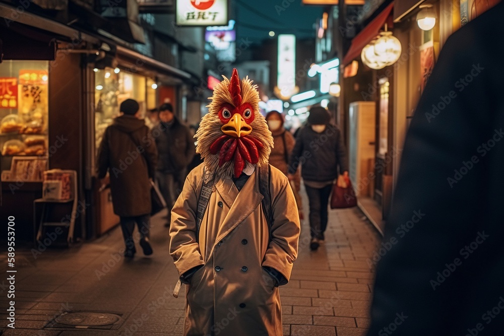 Person in Chicken Mask Standing in City Crowd Wearing face maskes, Ai genrative