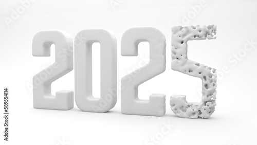 The 2025 year font text 3D render Image. 2025 Year-end concept Photo. 3d rendering of 2025 new year text with a cracked font. The year 2025 is on white background.