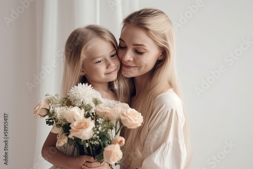 Wallpaper Mural Child daughter congratulates mom and gives her flowers. Mother and daughter smilling and hugging. Mother’s day, Birthday concept. Generated Ai  Torontodigital.ca