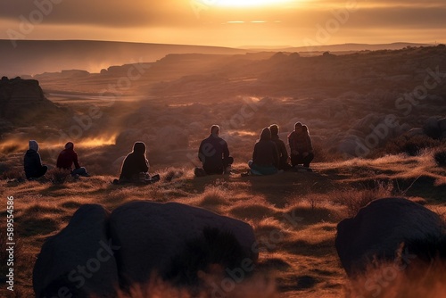 Group of People Spiritually Awakening in Beautiful Landscape, Generated by AI
