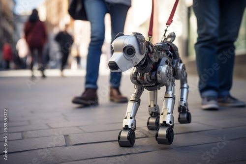 Couple walking robot dog down busy urban street