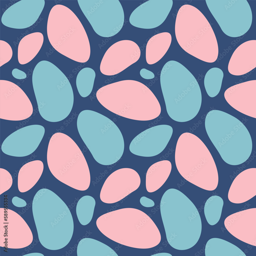 Abstract spotted seamless pattern. Vector illustration of texture with asymmetric simple color spots. Background with blue and pink pebbles. Abstract spotted seamless pattern. Vector illustration of texture with asymmetric simple color spots. Background with blue and pink pebbles.