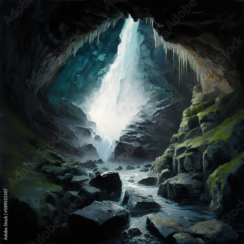 A hidden waterfall revealed through a narrow crevasse in a rugged, rocky landscape. Created using generative AI.