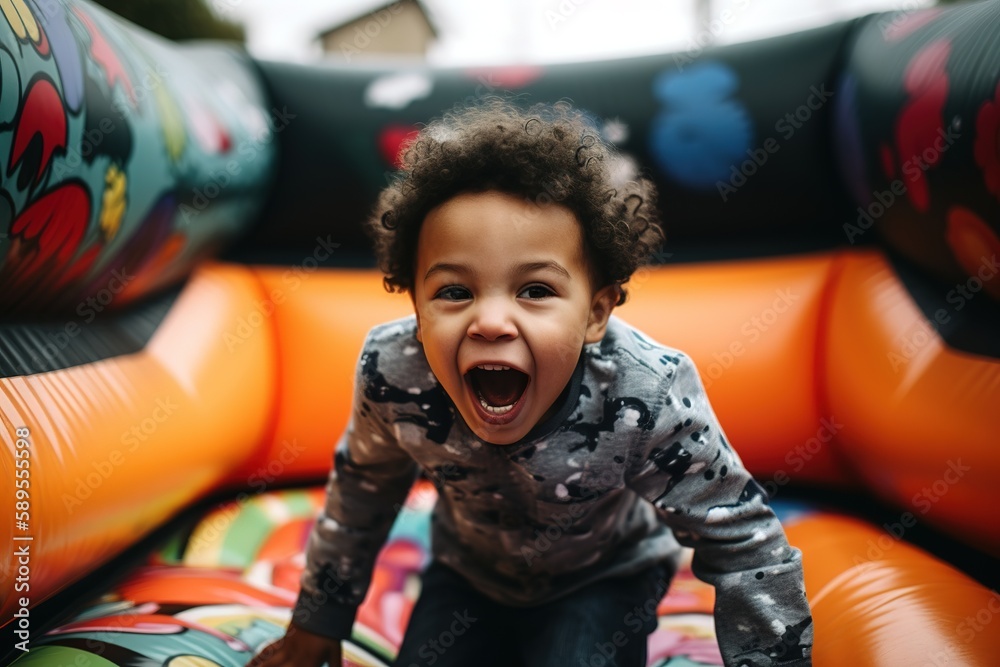 African American child playing and jumping in inflatable bouncy castle. Generative AI - obrazy, fototapety, plakaty 