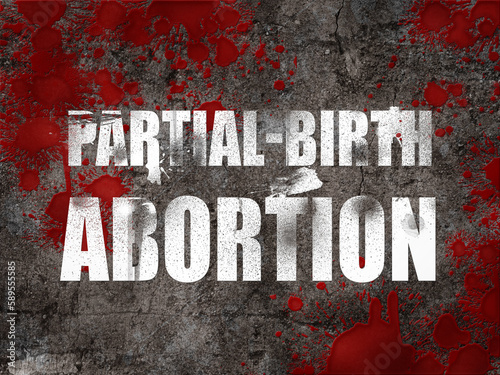 The word partial birth abortion against a concrete floor splattered with blood. Criminal investigation case title.