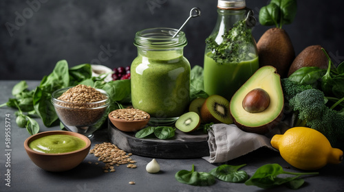 Vegetarian vegan healthy ingredients and green smoothie on grey stone background. Generative ai.