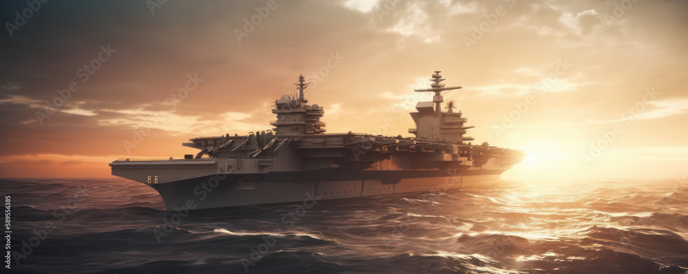 Wide poster design with copy space section, showing a typical military aircraft carrier ship in a warzone conducting a particular operation. AI Generative