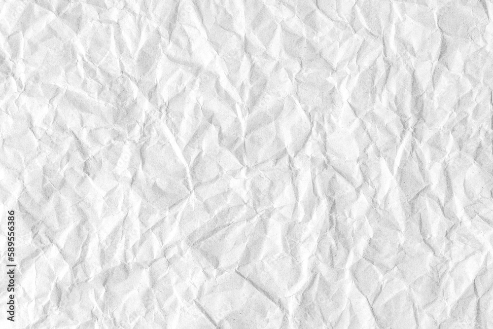 Recycled crumpled white paper texture background. Wrinkled and creased abstract backdrop, wallpaper with copy space, top view. - obrazy, fototapety, plakaty 