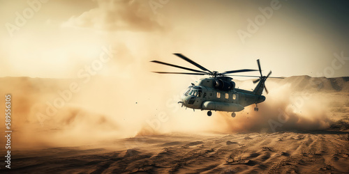 Smoke and Fire: Military Helicopter in Action in the Desert. Generative AI