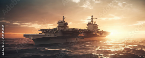 Wide poster design with copy space section, showing a typical military aircraft carrier ship in a warzone conducting a particular operation. AI Generative