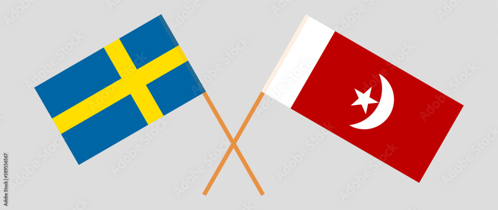 Crossed flags of Sweden and The Emirate of Umm Al Quwain. Official colors. Correct proportion