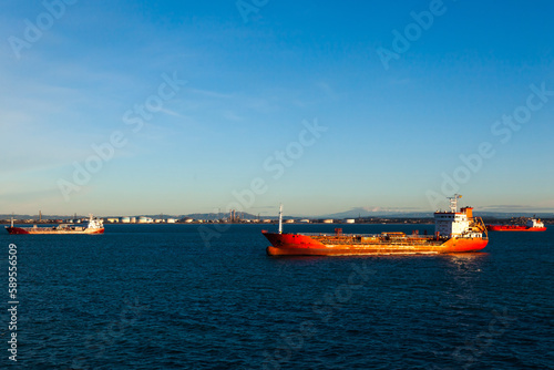 Oil tankers anchored in the bay of the seaport of Fos sur Mer in France.