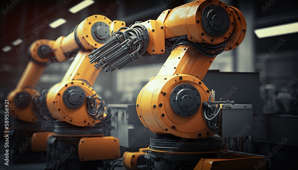Industrial robots in a futuristic factory. Assembly line, Generative Ai
