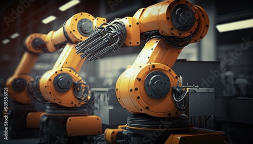 Industrial robots in a futuristic factory. Assembly line  Generative Ai