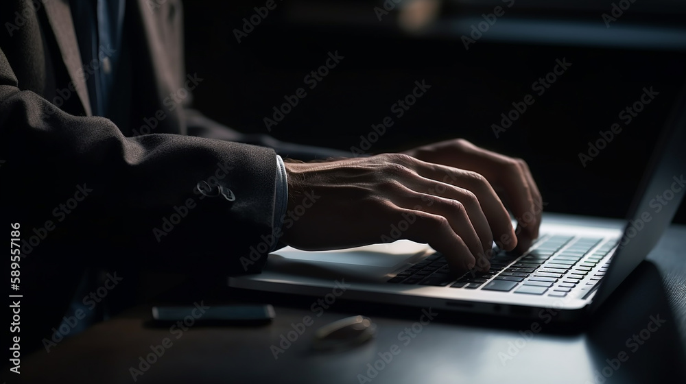 Businessman hands working on laptop in his office. Generative Ai