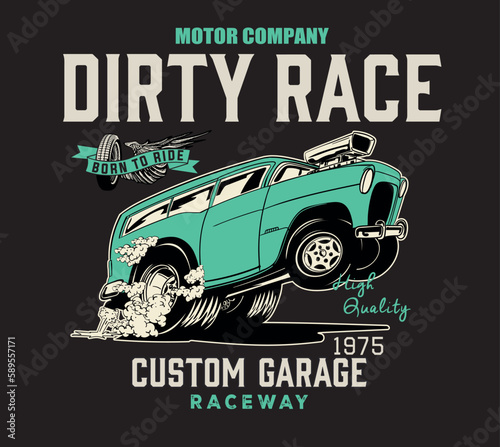 American muscle car illustration.muscle car race and burnout vector print.