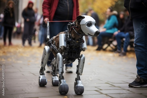 Woman walking robot dog down busy street