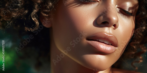Curly beautiful young woman with dewy skin outdoors. Generative AI.  photo