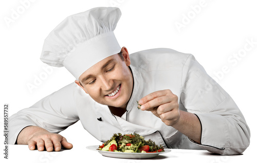 Portrait of a male chef cook preparing salad isolated on a white background