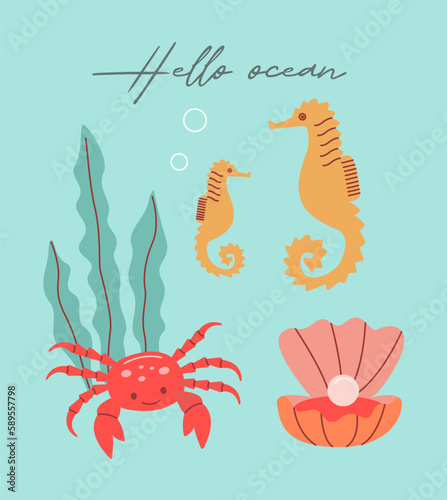 Vector sea life poster with lettering hello ocean and crab, shell, seaweed, seahorse.