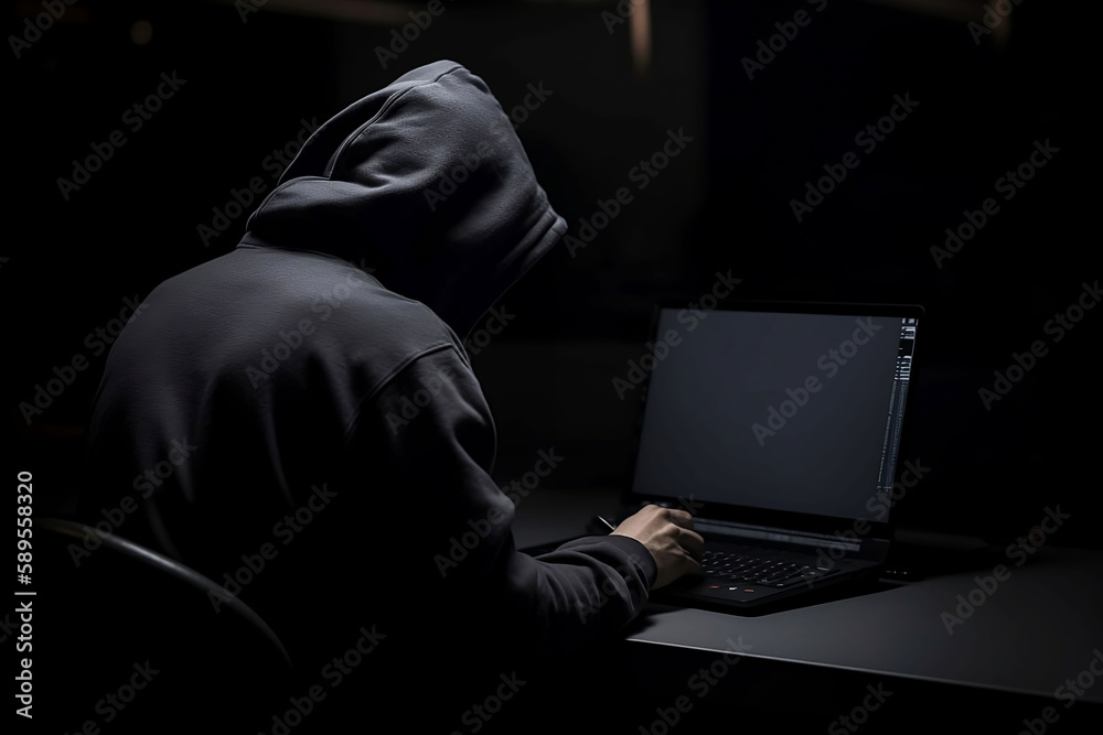 Hacker in hoodie sit back in front of the computer Hacker in hoodie sit back in front of the computer