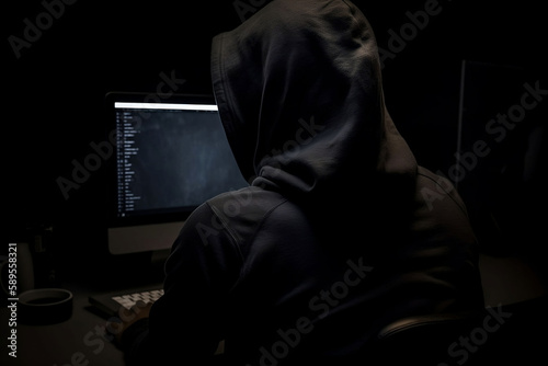 Hacker in hoodie sit back in front of the computer