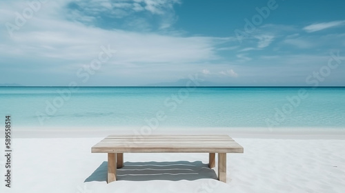 Empty wooden table and palm leaves with party on beach blurred background in summer time, Generative AI ,illustration