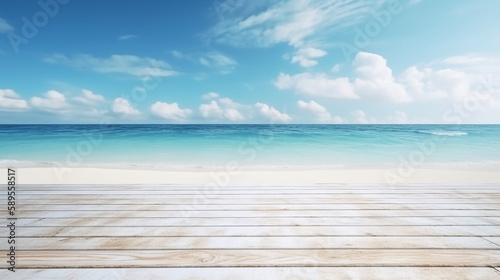 Empty wooden table and palm leaves with party on beach blurred background in summer time  Generative AI  illustration