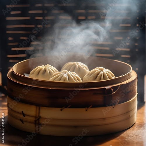 Traditional asian bao in a steam bamboo basket. Generative AI.