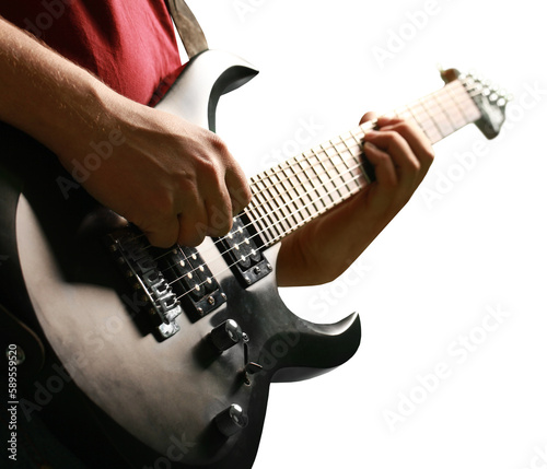 Male Guitarist playing music on white background