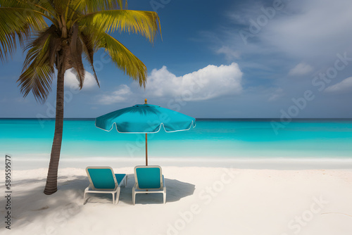 beach chairs and umbrella on a tropical beach with white sand and turquoise sea and palm tree © Kodjovi