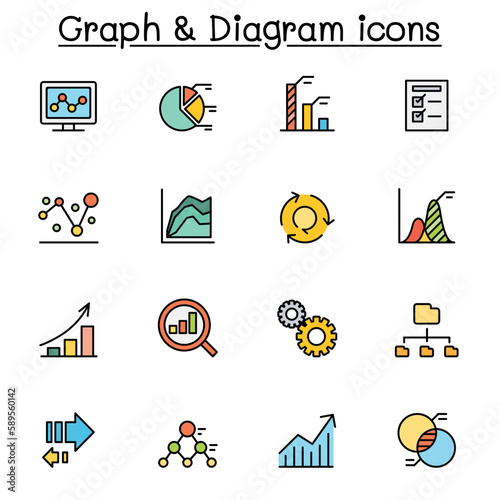 Graph, data, chart and diagram color line icon set