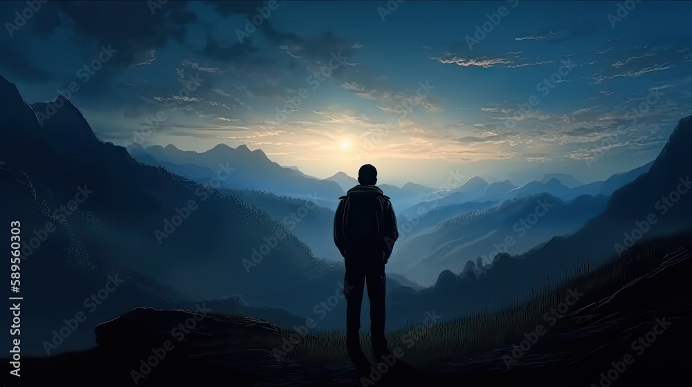 Fototapeta premium silhouette of a person in the mountains at sunrise created with Generative AI technology