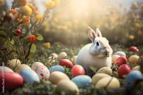 The Easter Bunny sits in a field surrounded by many colorful Easter eggs. AI Generated.