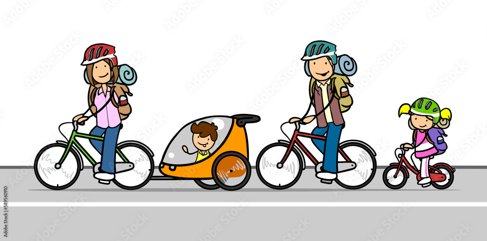 Familie mit zwei Kindern beim Radfahren mit Anhänger