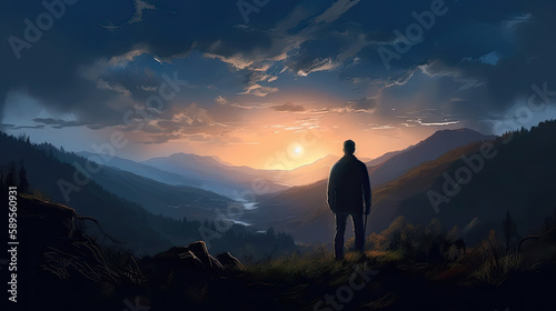 silhouette of a person in the mountains at sunrise created with Generative AI technology © Robert Herhold