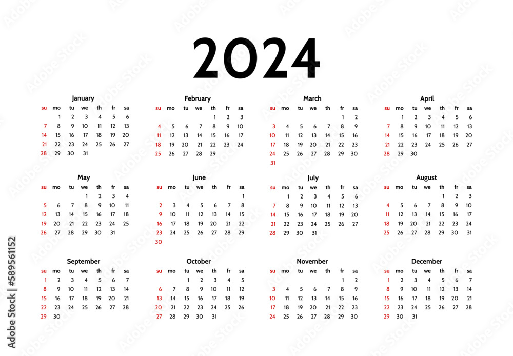 Calendar for 2024 isolated on a white background Calendar for 2024 isolated on a white background