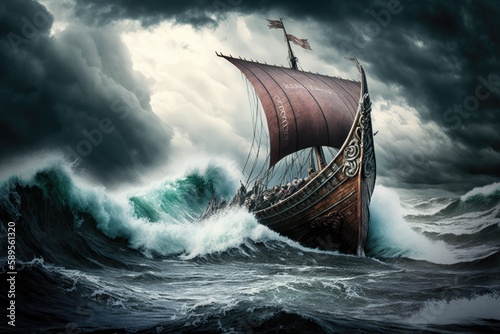 a viking ship sailing across a stormy sea, with waves crashing against the hull., created with generative ai photo