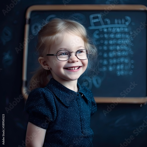 Joifull smiling child at the blackboard. Generative AI.
 photo