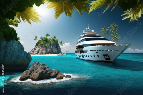 luxury yacht sailing along the coast of tropical island, with palm trees in the background, created with generative ai