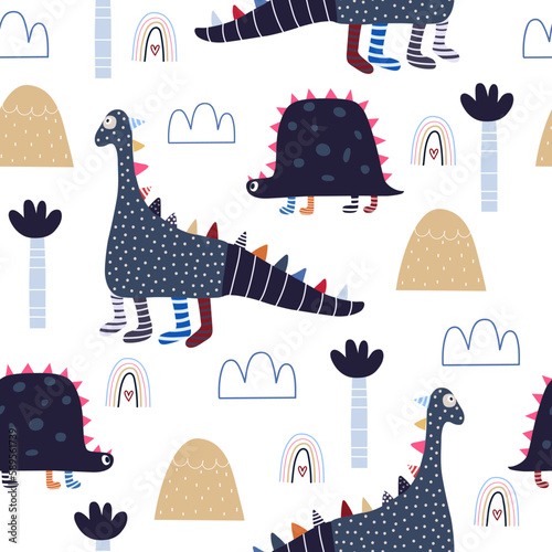 Vector hand-drawn seamless childish pattern with cute dinosaurs and rainbow on a white background. Kids texture for fabric, wrapping, textile, wallpaper, apparel.