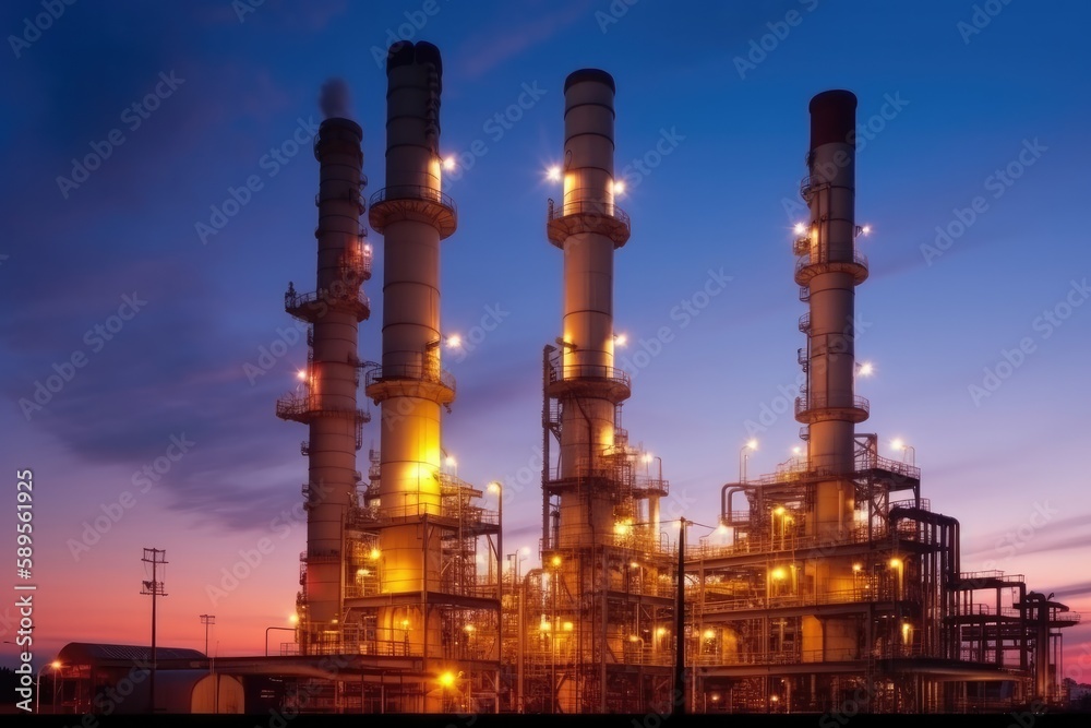 Obraz premium 夕暮れ時の石油コンビナート煙突の夜景